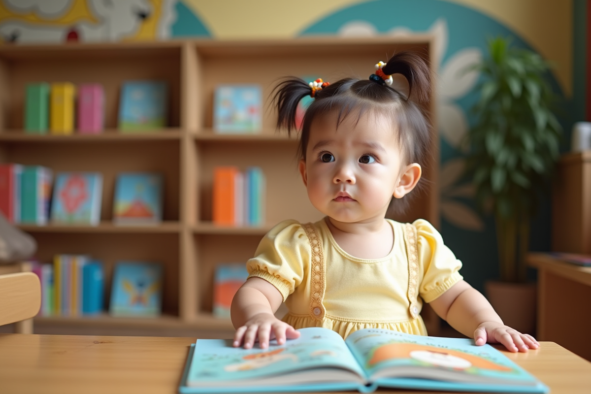 Fille de 21 mois en robe jaune explorant livres dans bibliothèque
