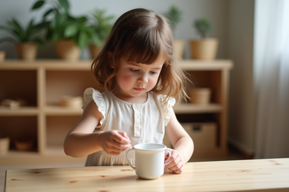 Jeune fille Montessori verse de l'eau dans un verre