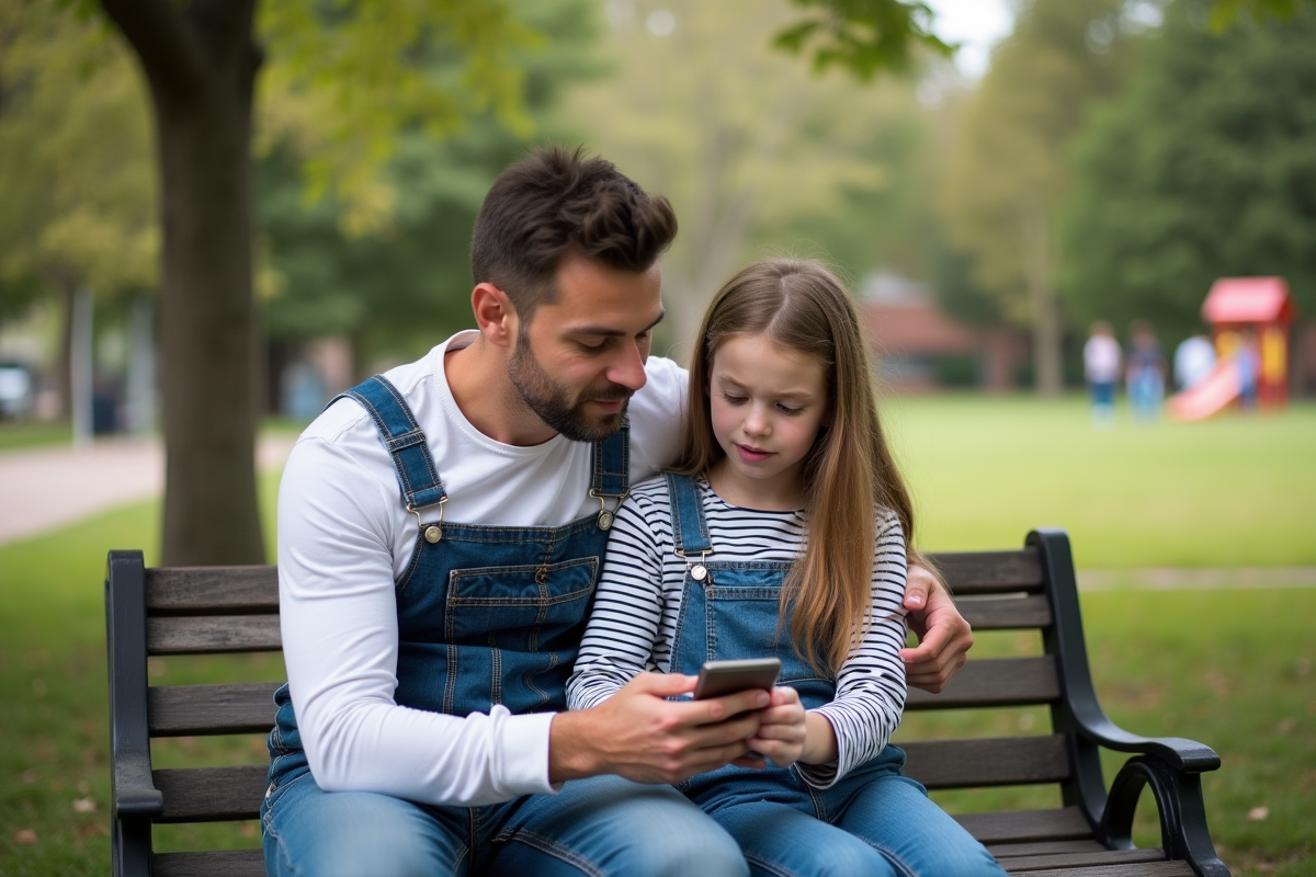 Fille et père regardant un smartphone dans un parc