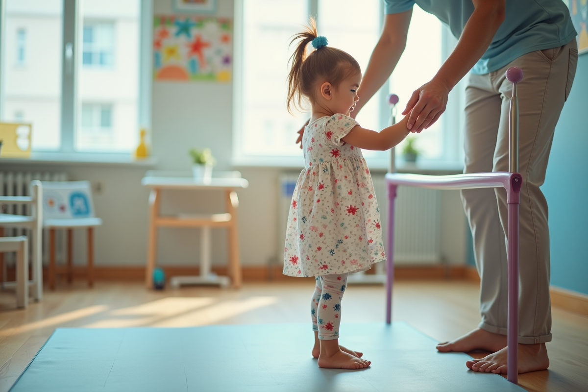 Fille en rééducation avec thérapeute près des barres
