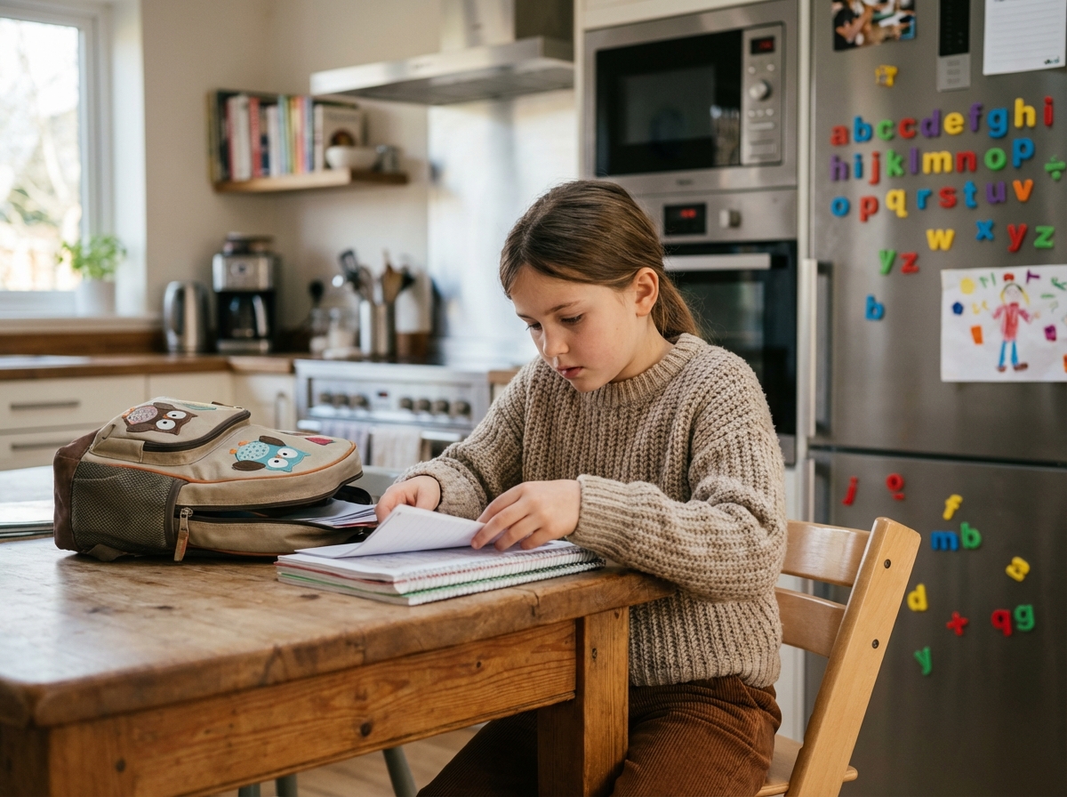 Fille concentrée à faire ses devoirs dans la cuisine chaleureuse