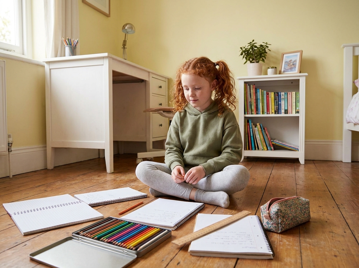 Fillette préparant ses fournitures scolaires sur le sol de sa chambre avant la rentrée