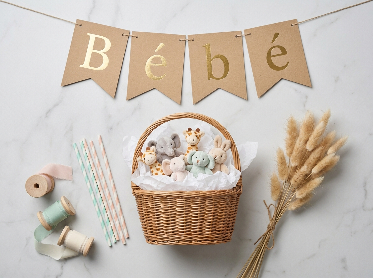 Vue de dessus d'accessoires de décoration baby shower : bannière, panier en osier, rubans pastel et pompons de pampa