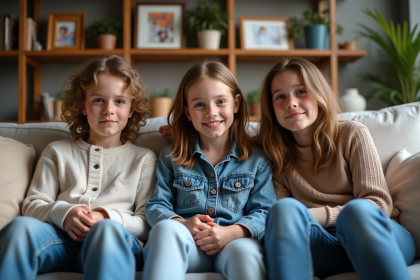Trois frères et sœurs assis sur un canapé familial