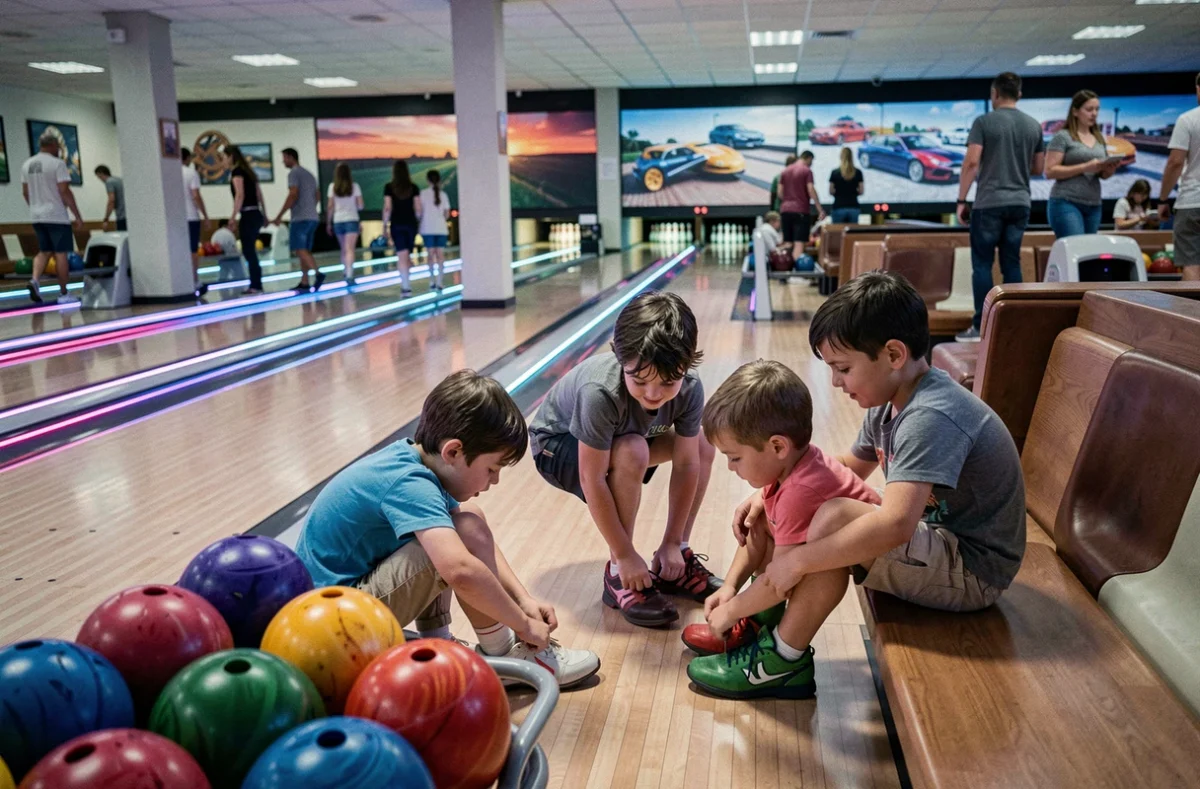 Games Factory Bowling à Toulouse, famille avec enfants prête à jouer dans l'allée de bowling aux couleurs vives