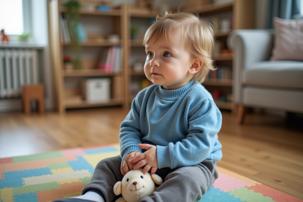 Garçon de 21 mois en pull bleu et pantalon gris assis sur tapis coloré