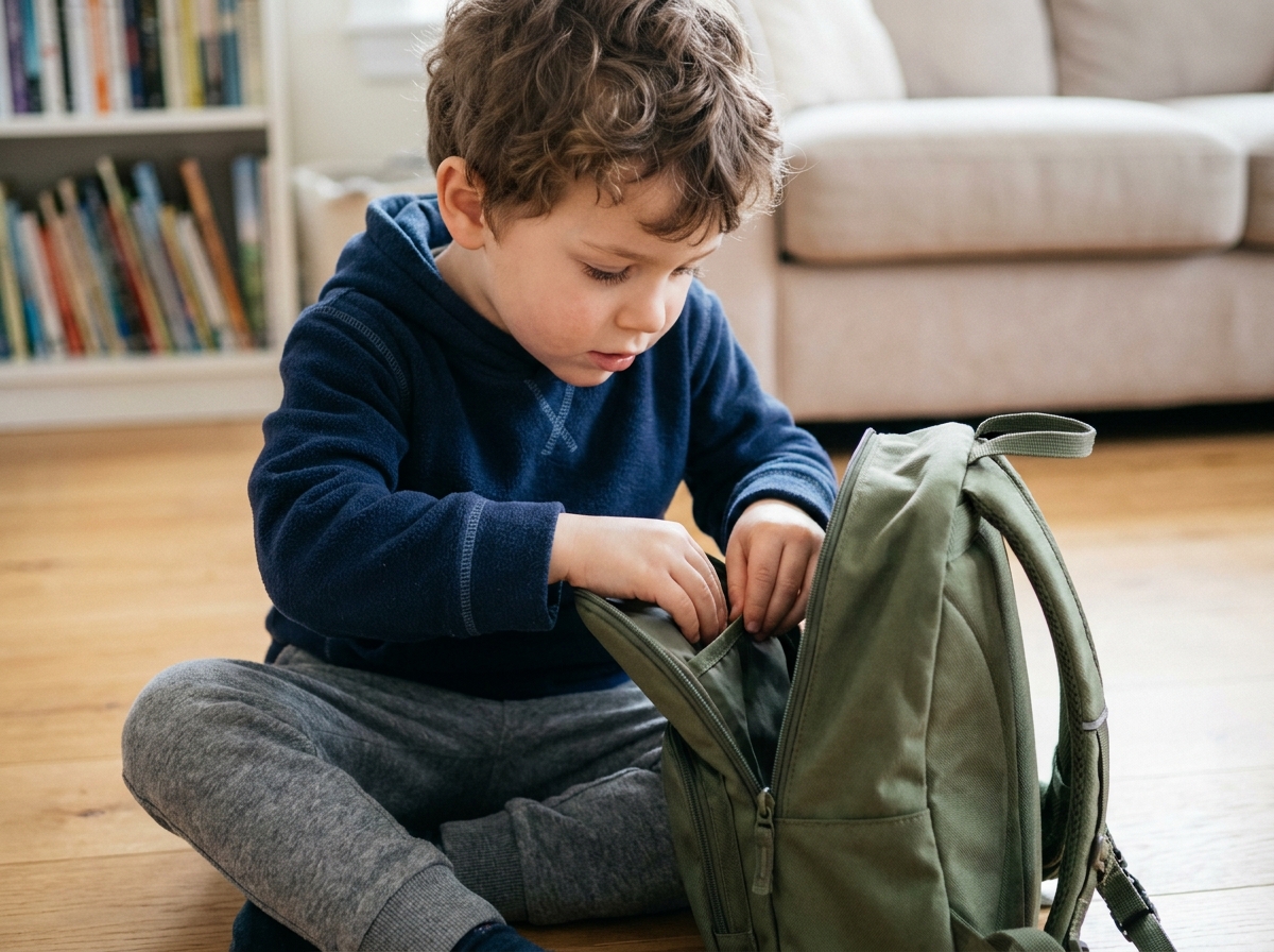 Garçon de maternelle assis par terre explorant les compartiments de son nouveau sac à dos ergonomique pour enfant