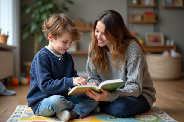 Garçon de 6 ans avec livre et adulte dans un salon chaleureux