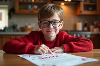 Garçon de 8 ans lisant une lettre au Père Noel