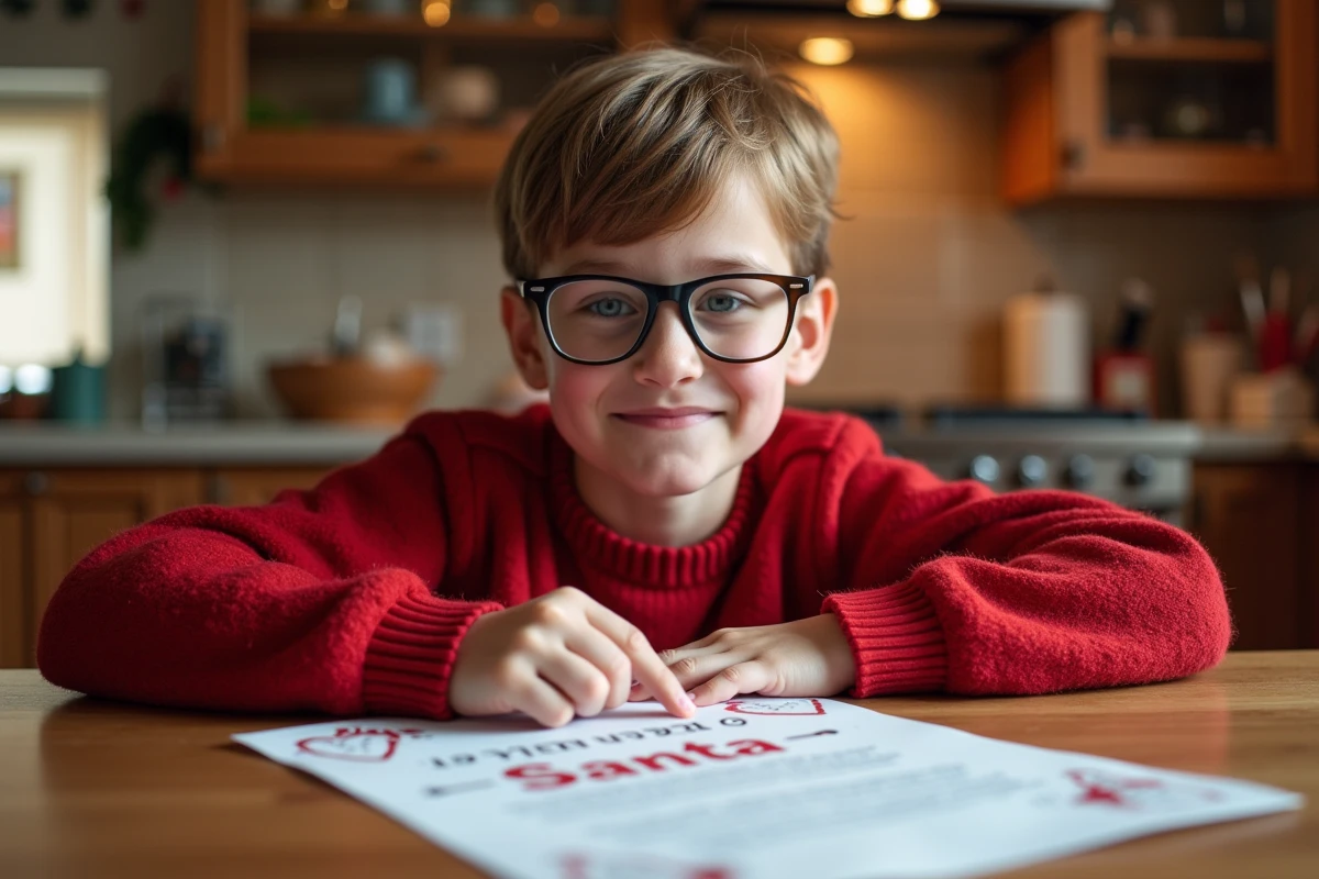 Garçon de 8 ans lisant une lettre au Père Noel