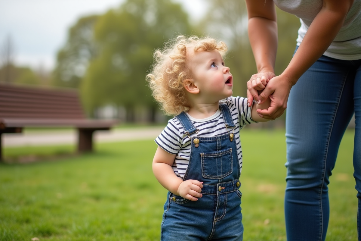Garçon de 15 mois avec sa mère dans un parc en pleine discussion