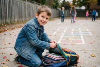 Jeune garçon souriant en extérieur avec sac à dos coloré