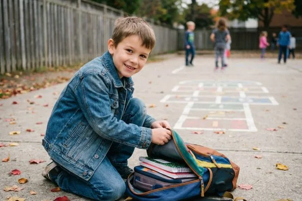 Jeune garçon souriant en extérieur avec sac à dos coloré