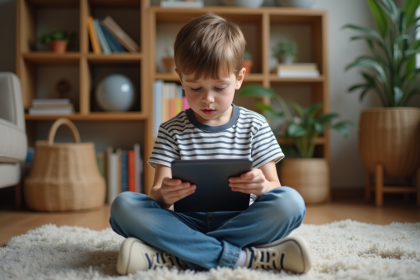 Garçon de 7 ans assis sur le tapis de la maison avec une tablette