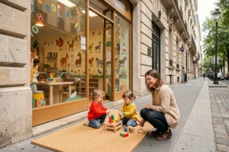 Vue d'ensemble d'une garderie parisienne animée avec des enfants jouant près des fenêtres dans un immeuble haussmannien