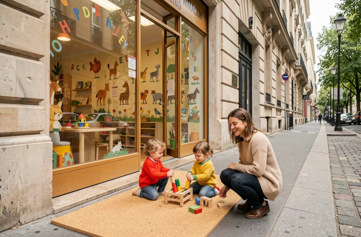 Vue d'ensemble d'une garderie parisienne animée avec des enfants jouant près des fenêtres dans un immeuble haussmannien