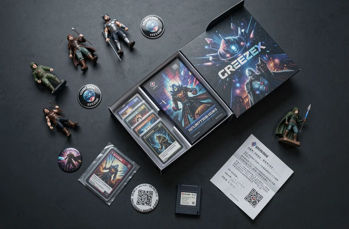 Vue de dessus des goodies geek extraits d'un calendrier de l'Avent : figurines, pins émaillés, cartes à collectionner et répliques de jeux
