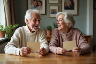 Grandsparents souriants lisant des devinettes de grossesse
