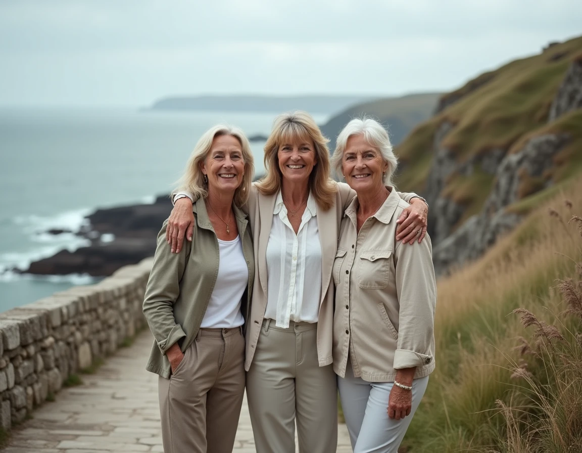 Trois amies de longue date posant ensemble sur un sentier côtier, célébrant des années d'amitié sincère et indéfectible