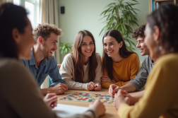 Groupe d'amis jouant à un jeu de société convivial