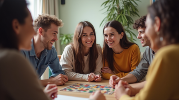 Groupe d'amis jouant à un jeu de société convivial