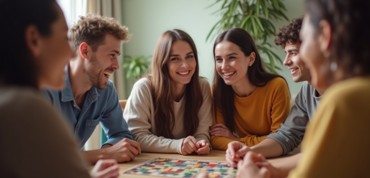 Groupe d'amis jouant à un jeu de société convivial