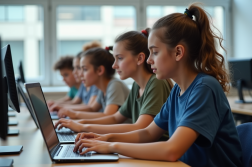 Groupe d'élèves au lycée travaillant sur des ordinateurs en salle lumineuse