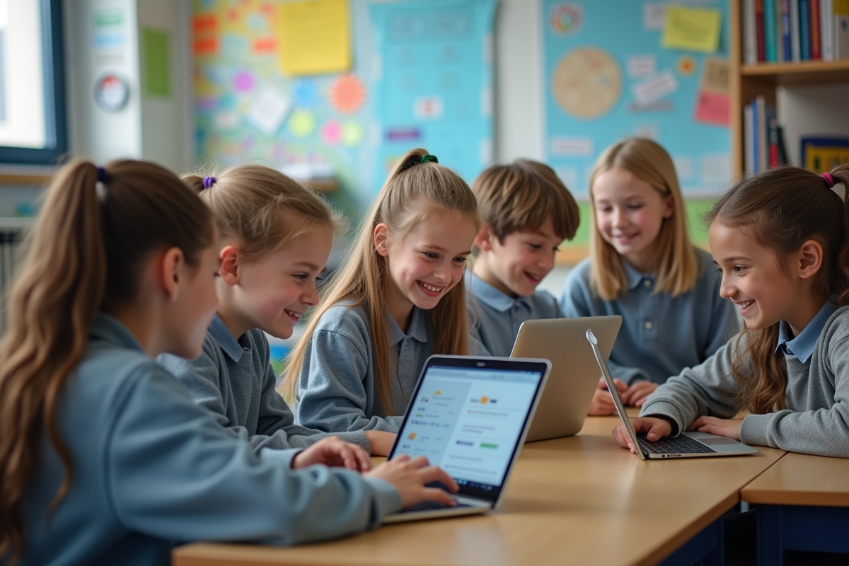 Groupe d'élèves de collège collaborant avec tablettes en classe
