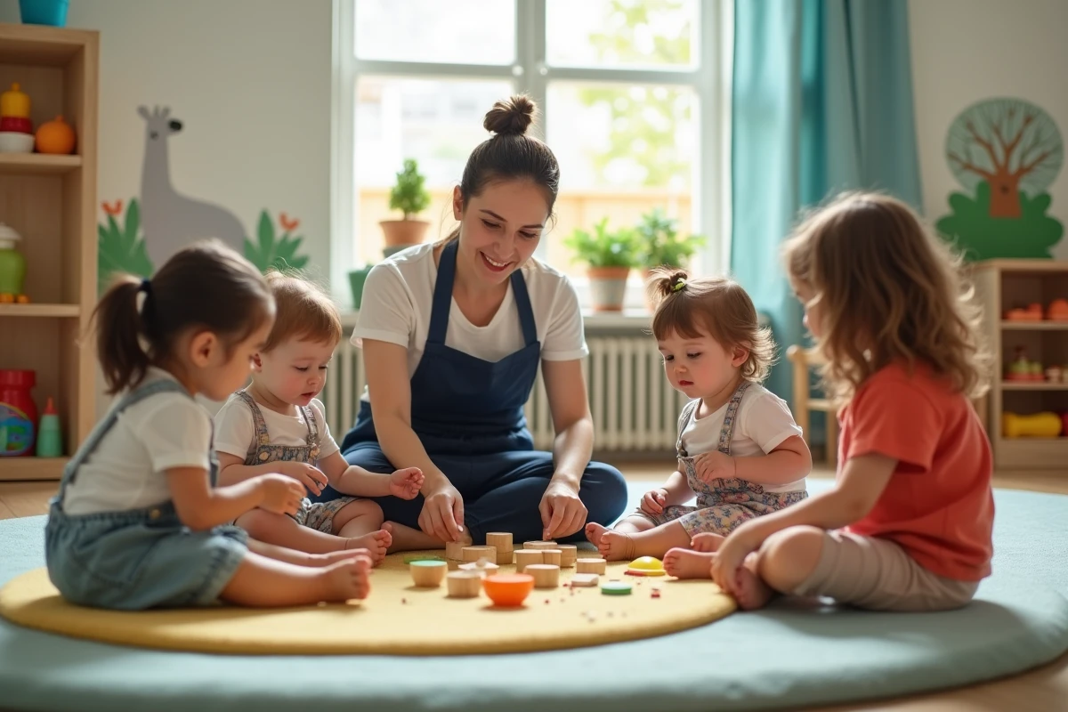 Groupe de tout-petits en activité sensorielle guidée par une éducatrice dans une salle de crèche bien équipée