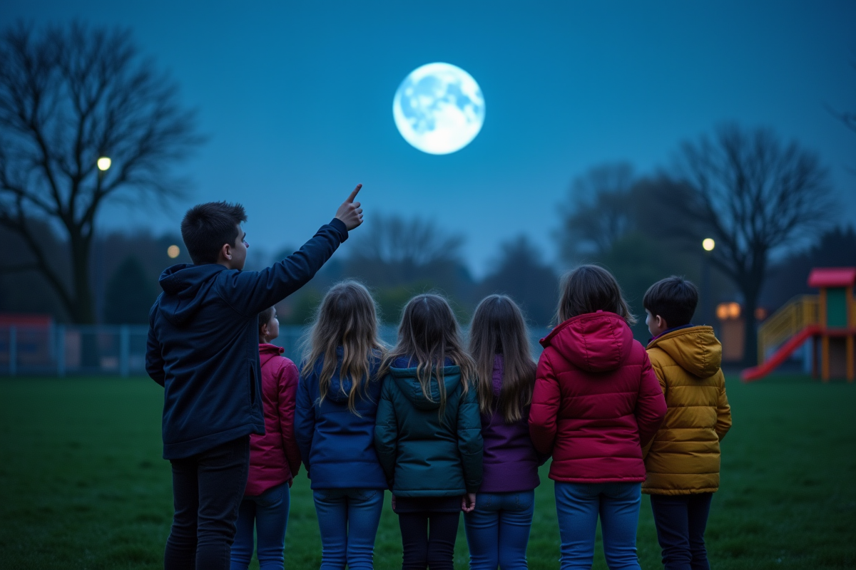 Enfants observant la lune bleue avec un éducateur en extérieur
