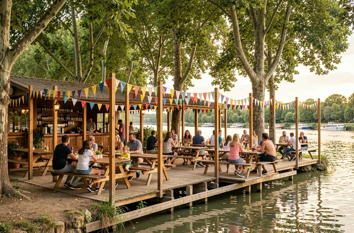 La Guinguette des Îles sur l'île du Ramier à Toulouse, terrasse en plein air animée avec familles et enfants au bord de la Garonne