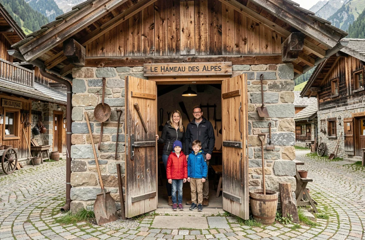 Famille découvrant le Hameau des Alpes à La Clusaz, village patrimonial traditionnel en Haute-Savoie