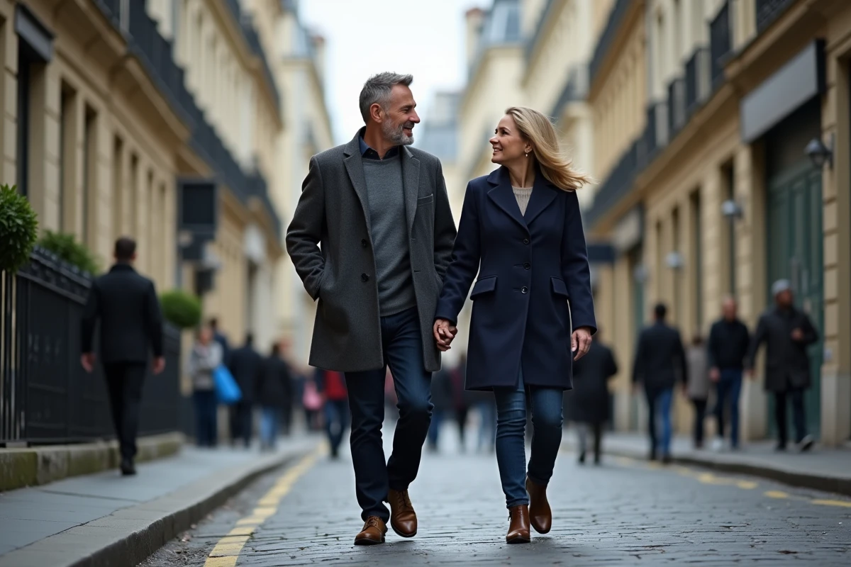 Couple marchant dans une rue pavée parisienne, illustration discrète de la vie de couple et des rumeurs autour d'Hélène Rollès et son mari
