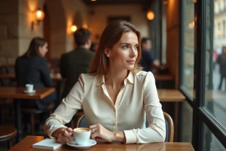 Femme élégante dans un café parisien, regard pensif évoquant la vie privée et les rumeurs sur Hélène Rollès