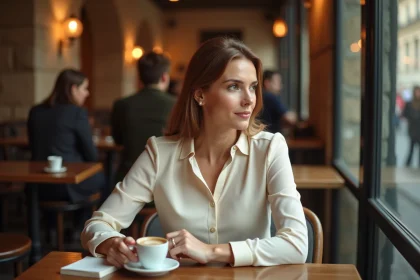 Femme élégante dans un café parisien, regard pensif évoquant la vie privée et les rumeurs sur Hélène Rollès
