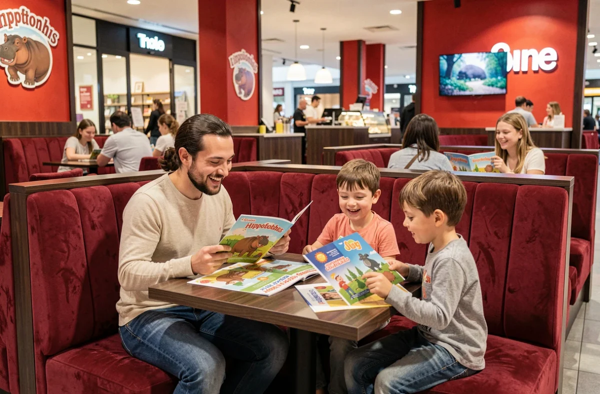 Famille avec enfants installée dans un restaurant Hippopotamus au centre commercial Fenouillet de Toulouse, menu enfant coloré sur la table