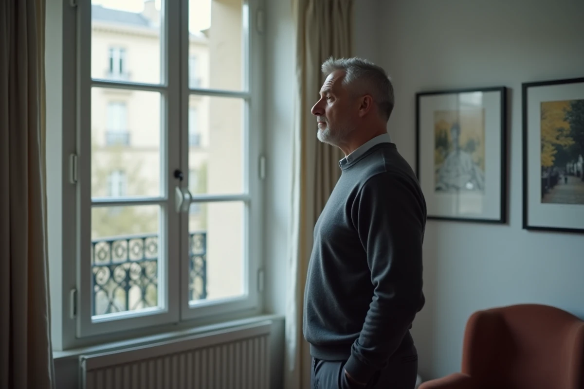 Homme discret regardant par la fenêtre dans un appartement parisien moderne, symbole de la vie privée préservée du conjoint d'une personnalité médiatique