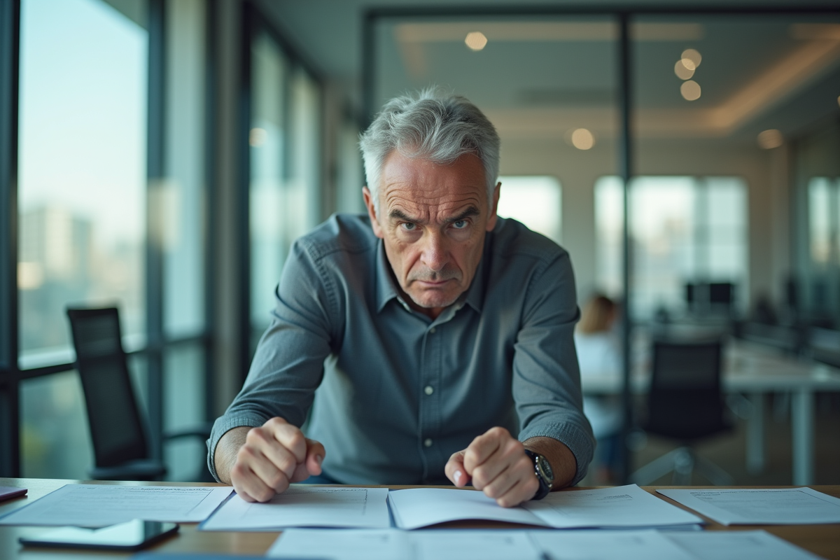 Homme en bureau moderne exprimant frustration et tristesse
