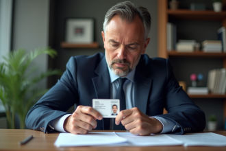 Homme d'âge moyen lisant une carte d'identité française au bureau