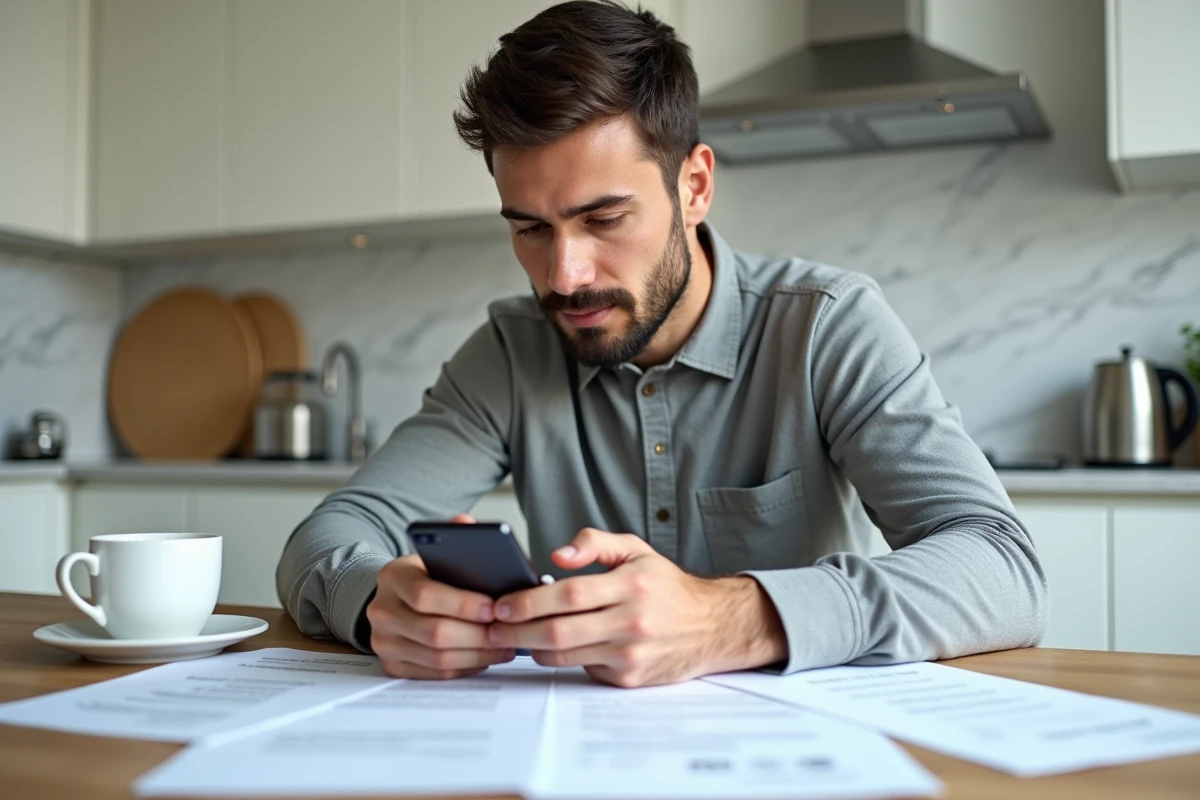 Homme consultant des documents administratifs SNCF avant d'appeler l'agence paie et famille pour gagner du temps