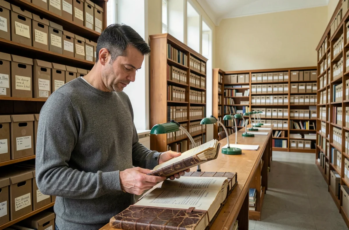Homme consultant un registre paroissial ancien dans une salle de lecture d'archives départementales françaises
