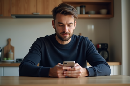Homme assis à la cuisine vérifiant son téléphone