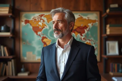Portrait d'un homme élégant dans la cinquantaine devant une carte du monde, évoquant une vie de voyages et de discrétion