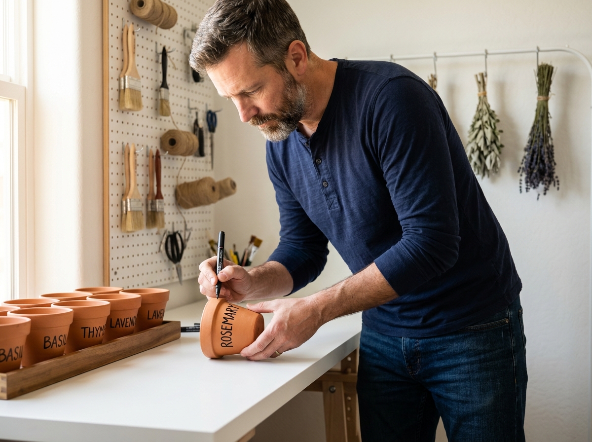 Homme réalisant des étiquettes manuscrites sur des pots en terre cuite dans un atelier minimaliste
