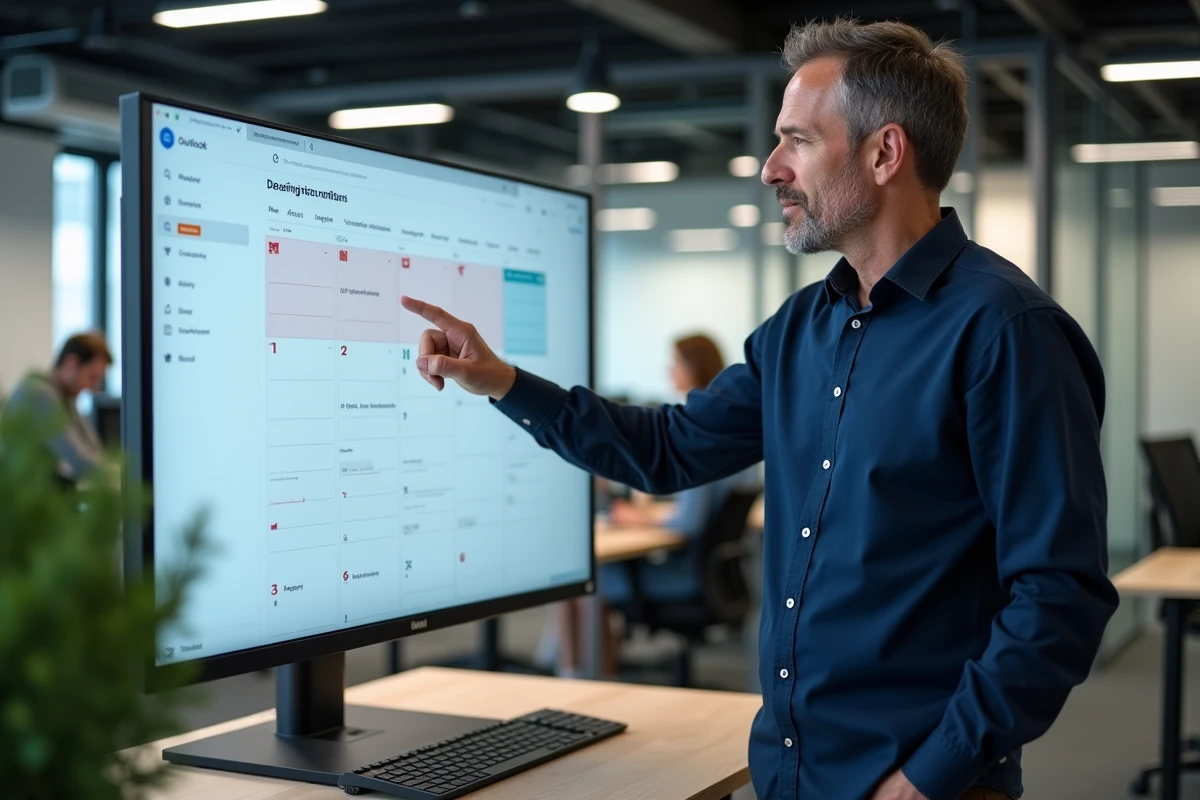Homme en open space pointant un calendrier Outlook avec semaines paires et impaires colorées sur écran tactile