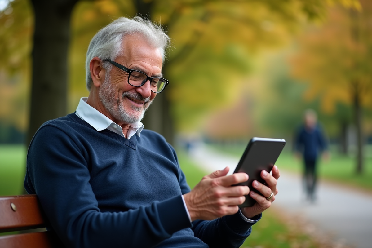 Homme âgé souriant utilisant une tablette dans un parc