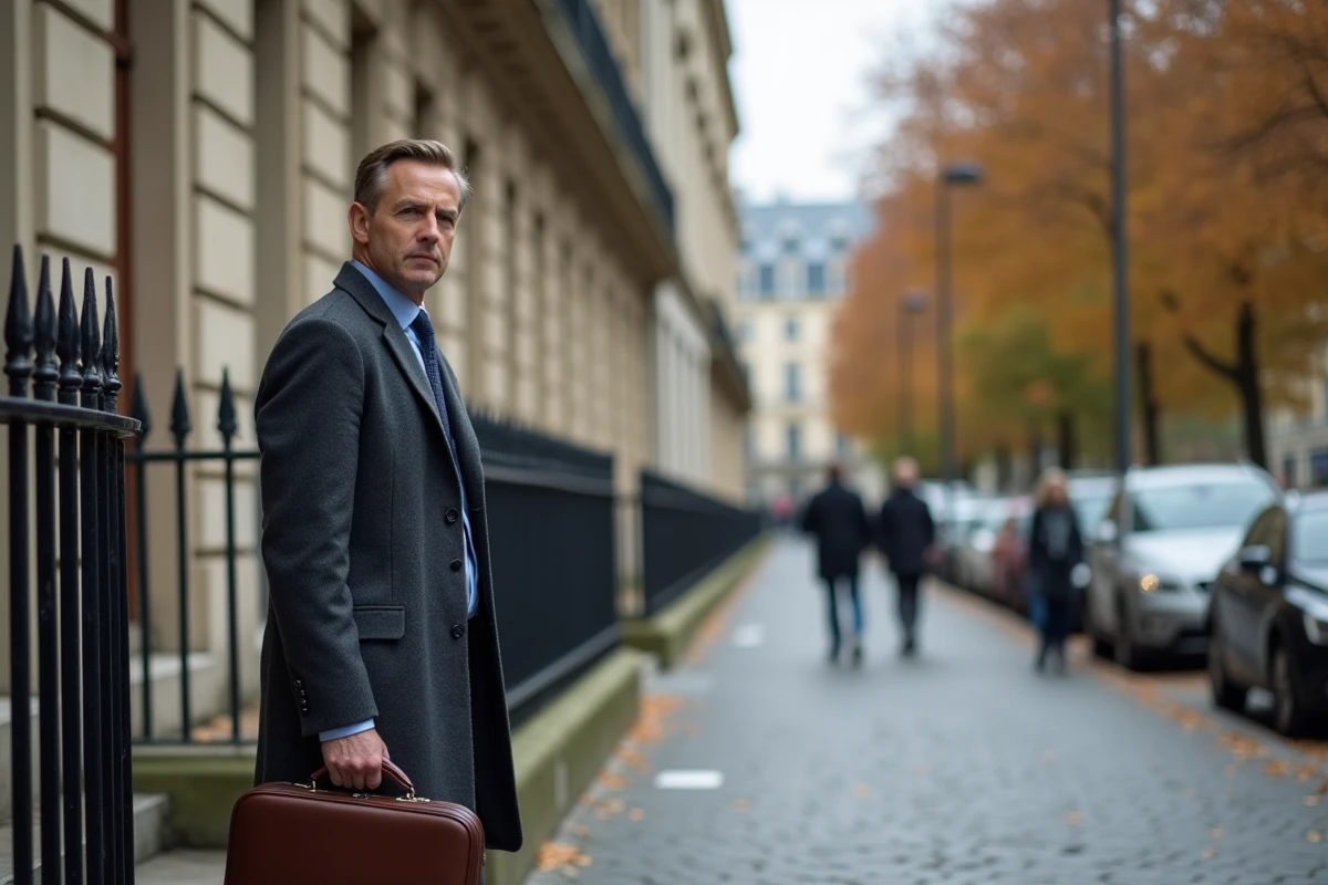 Homme d'affaires parisien devant un immeuble en pierre, ambiance automnale et atmosphère réfléchie