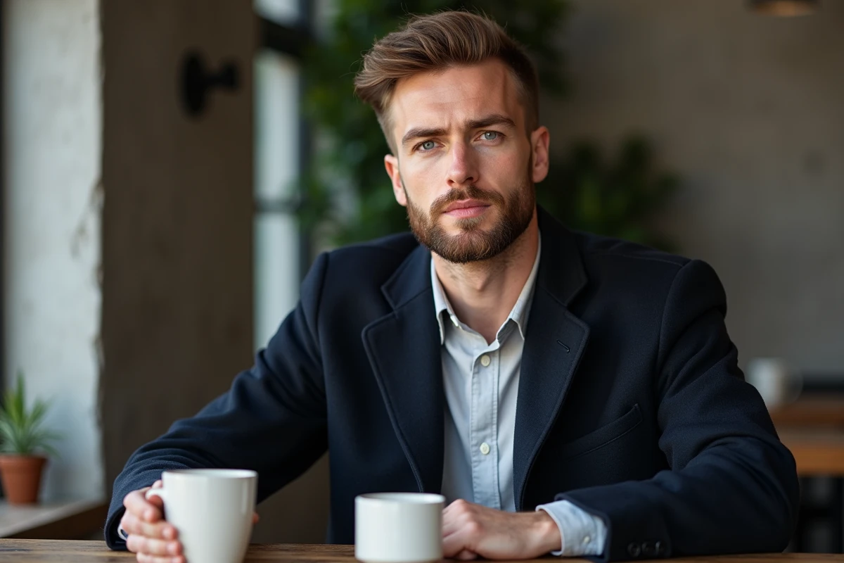 Homme nordique avec prénom scandinave percutant assis dans un café au style minimaliste