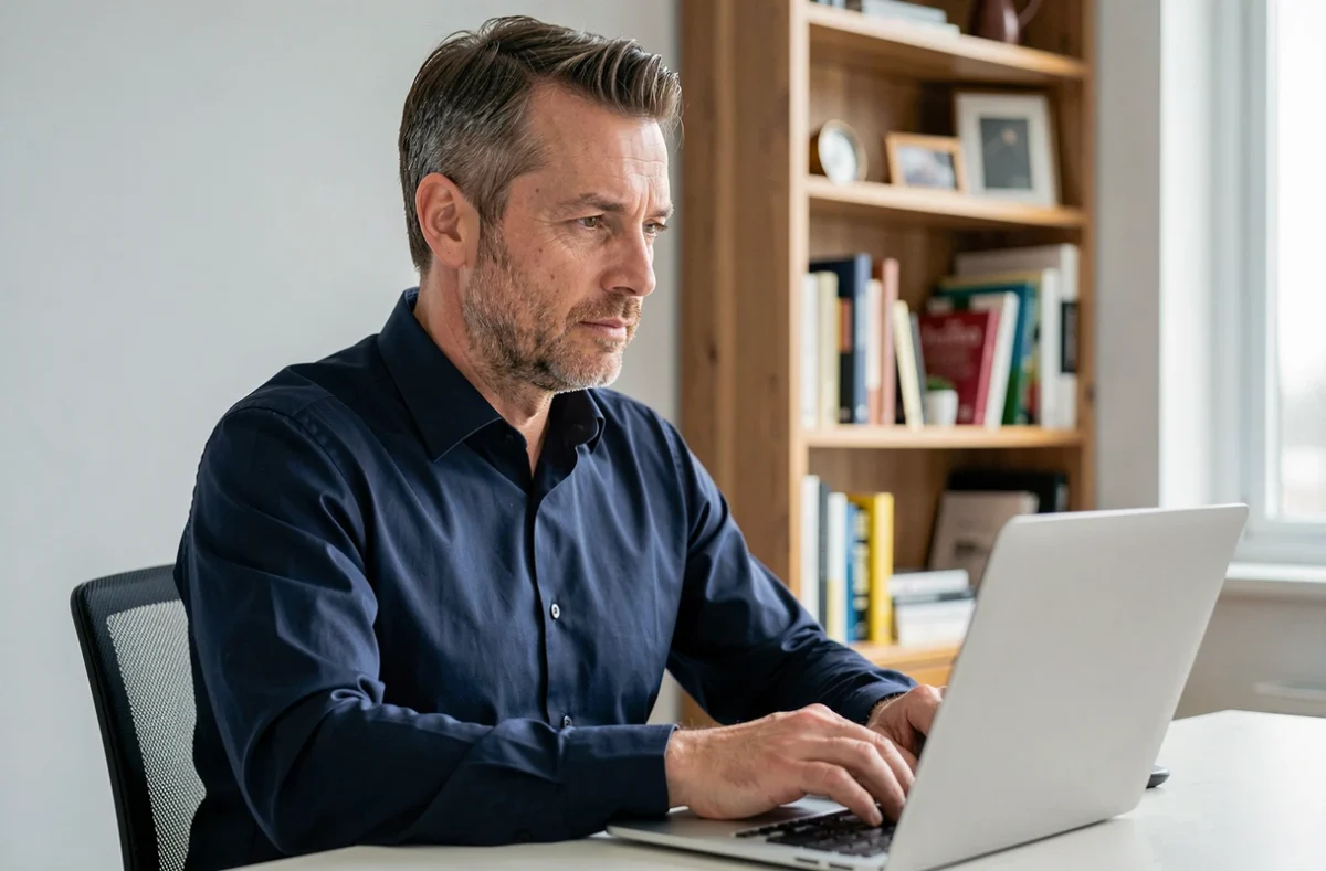 Homme d'âge mûr rédigeant un texte d'anniversaire sur ordinateur portable dans un bureau à domicile minimaliste