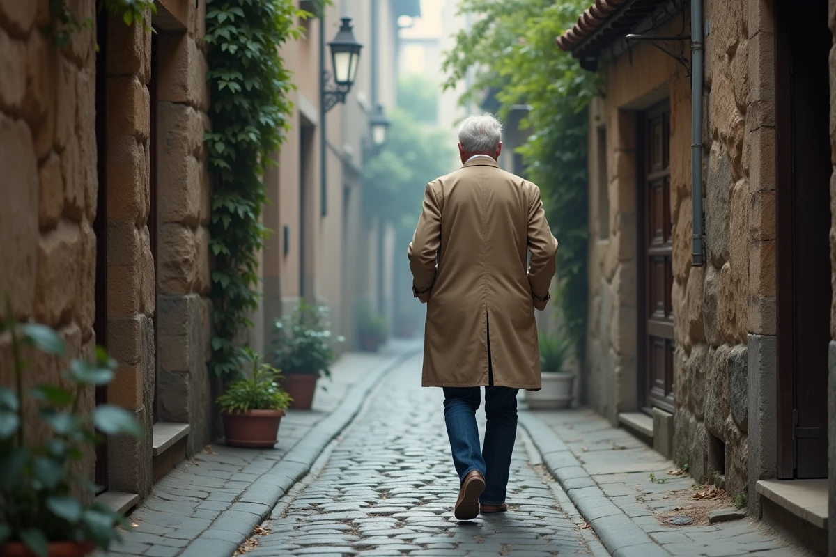 Homme marchant seul dans une ruelle pavée européenne, image symbolisant l'intimité et le respect de la vie privée